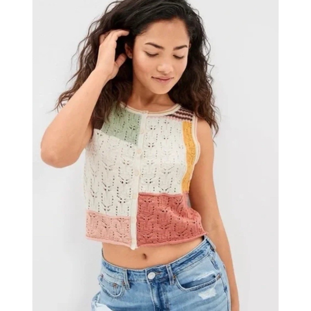 American Eagle Patchwork Knit Vest‎ Sleeveless Sweater Top Grandma - Small